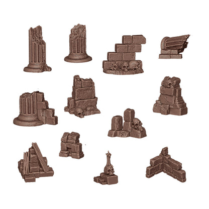 12 miniature fantasy terrain pieces: broken stone ruins, brick walls, cracked columns, and skull dÃ©cor