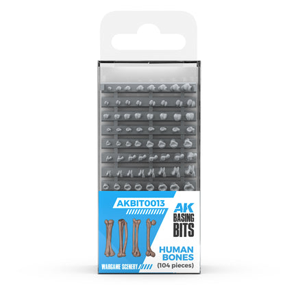 AK Basing Bits Human Bones (104 pieces), unpainted plastic skulls and miniature bones for wargame scenery and diorama basing