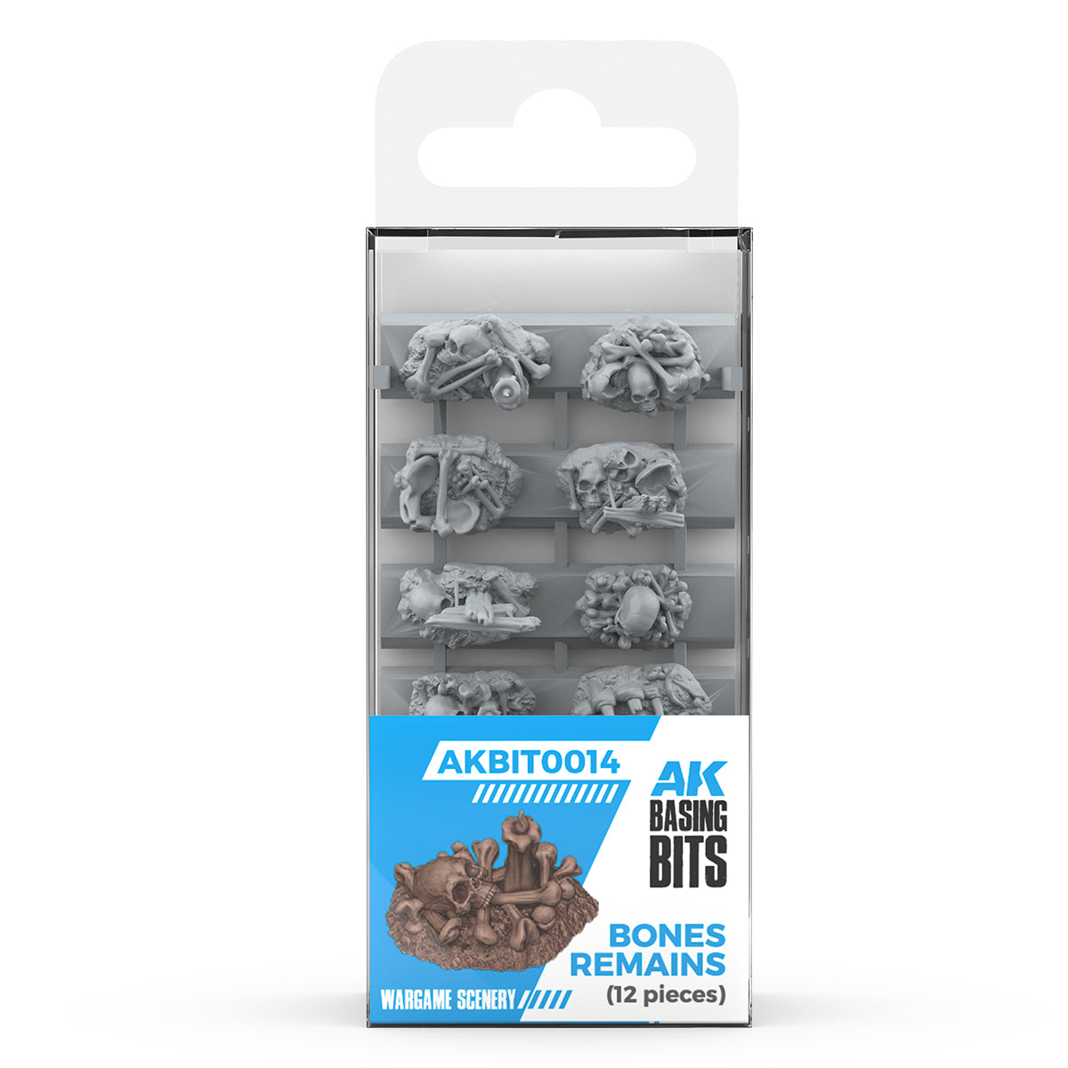 AK Basing Bits Bones Remains wargame scenery set. 12 grey plastic skull and bone model basing accessories displayed in retail packaging