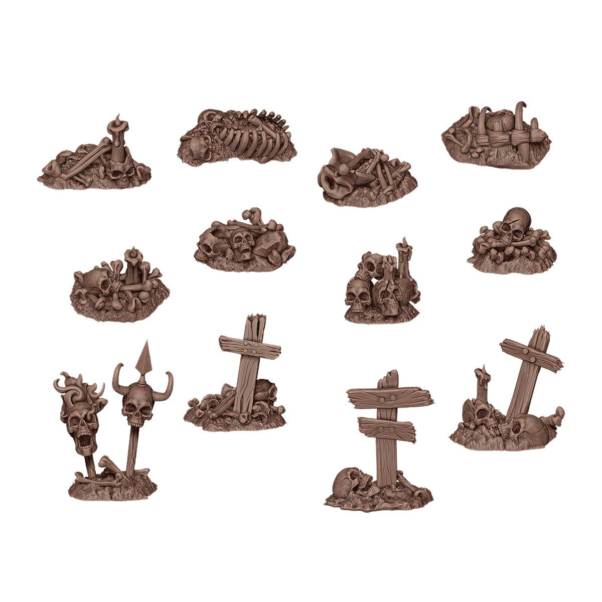 Set of 12 gothic fantasy scatter terrain miniatures: piles of skulls, skeletal remains,  and broken wooden grave crosses