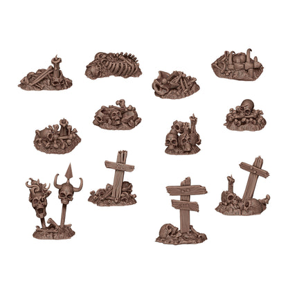 Set of 12 gothic fantasy scatter terrain miniatures: piles of skulls, skeletal remains,  and broken wooden grave crosses