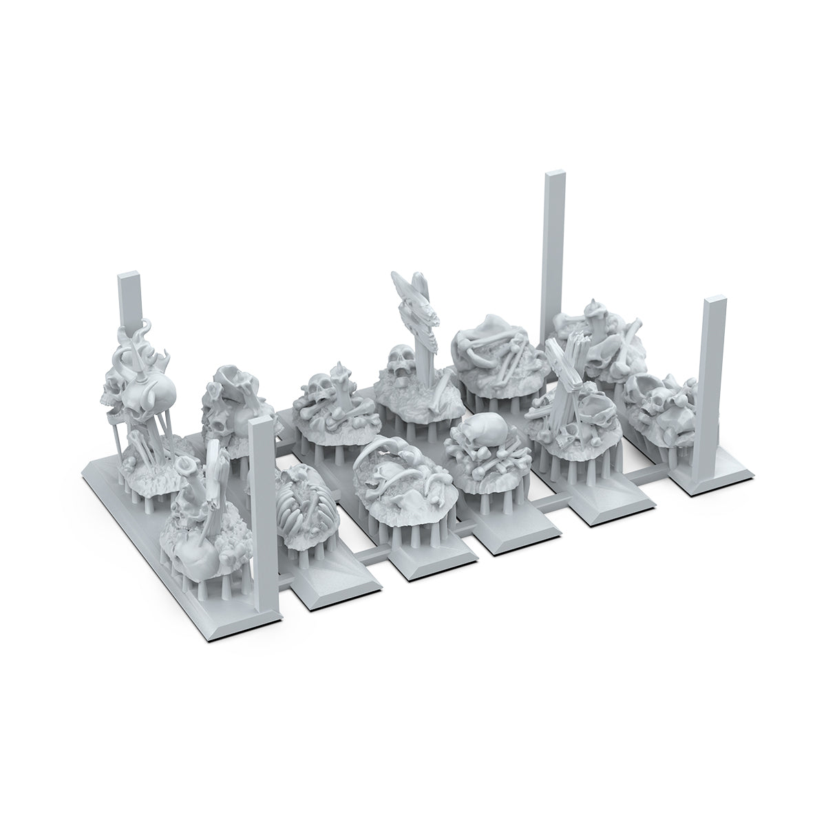 3D printed supported array of twelve miniature skull and bone terrain pieces for tabletop gaming and basing