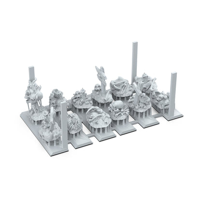 3D printed supported array of twelve miniature skull and bone terrain pieces for tabletop gaming and basing