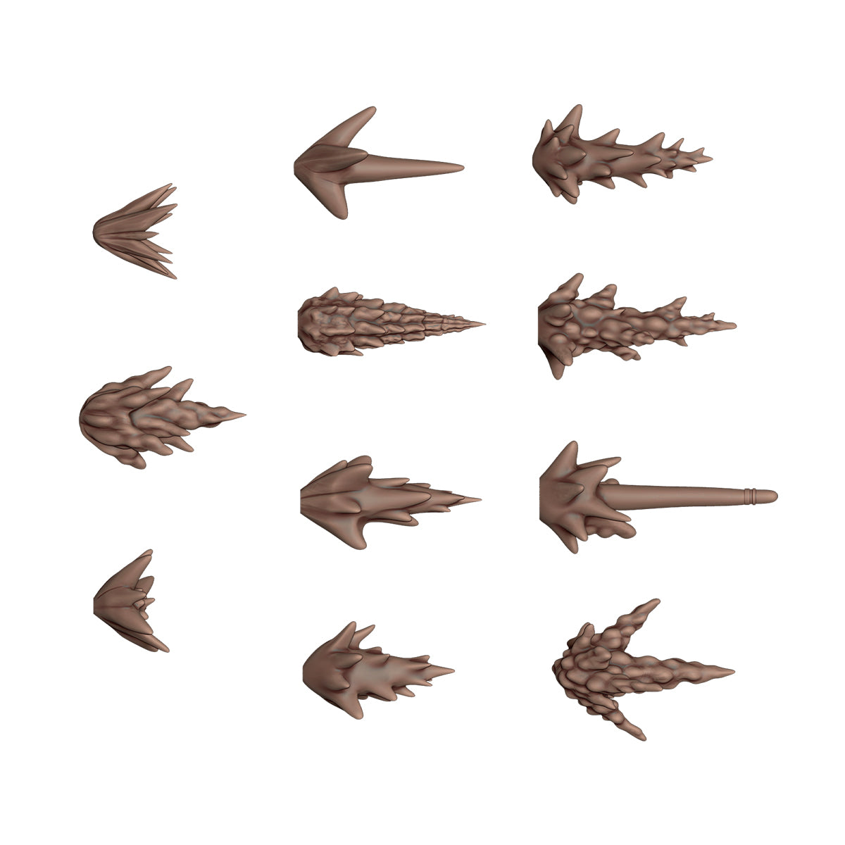 Twelve brown 3D arrows and spikes showing various rugged textures for monster or creature design assets