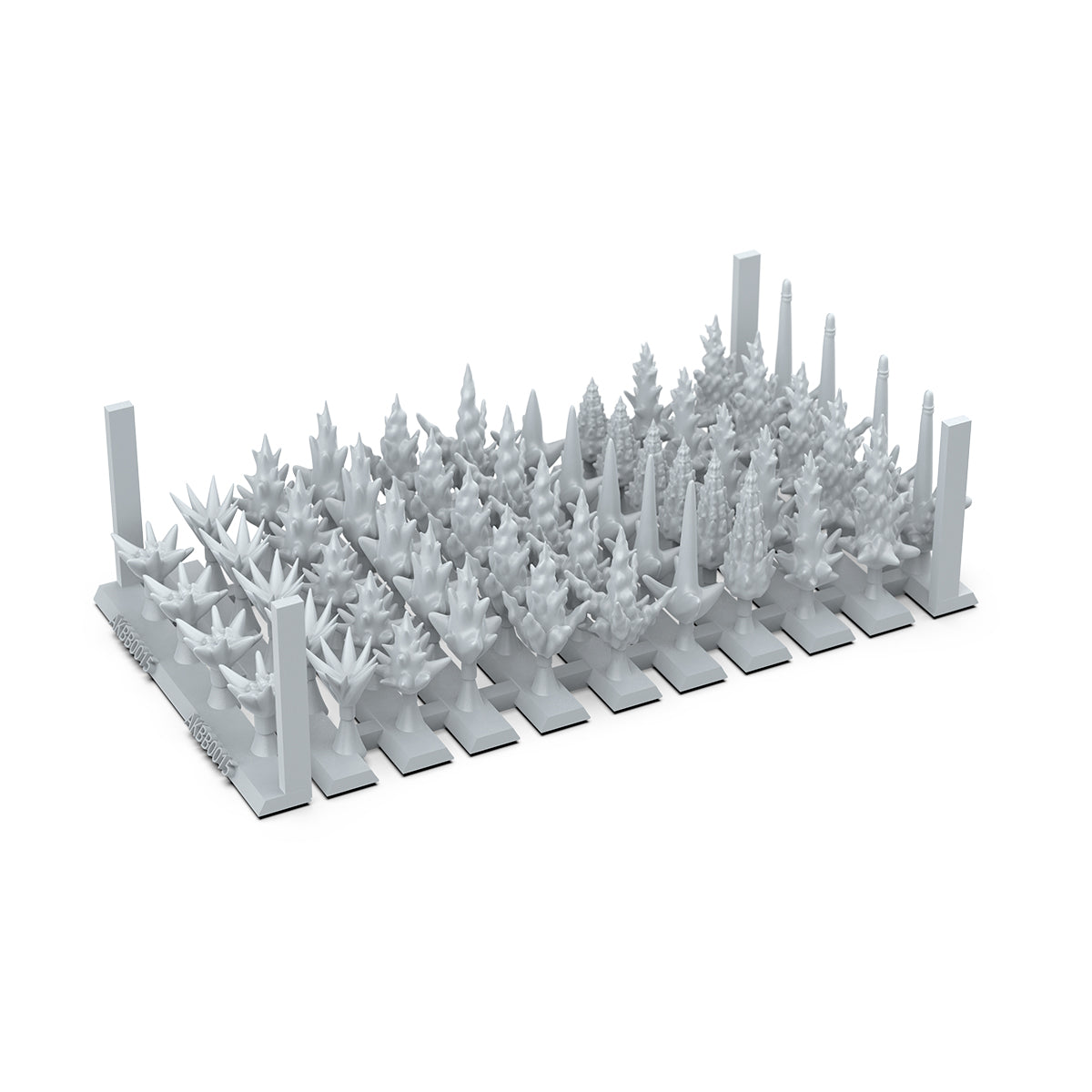 grey 3D printed miniature sprue with various stylized spikey trees and sci-fi plant terrain elements for tabletop gaming