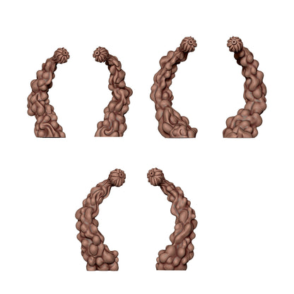 Five brown, lumpy 3D tentacles or organic smoke models with textured, bulbous tops, suitable for fantasy terrain or miniatures