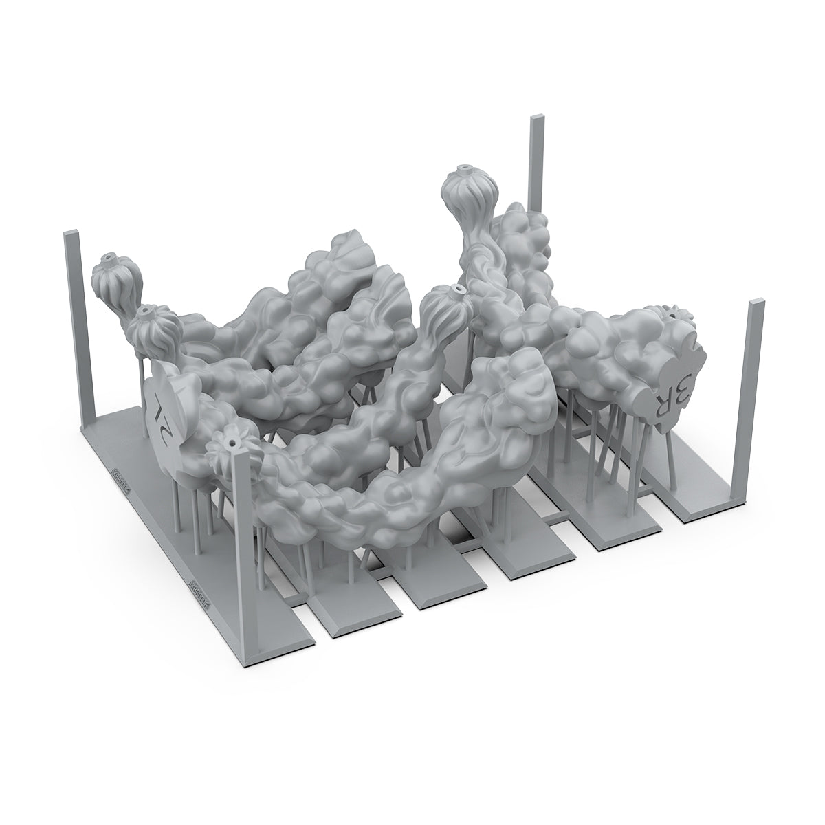 Render of pre-supported unpainted 3D print smoke effects for miniatures and terrain
