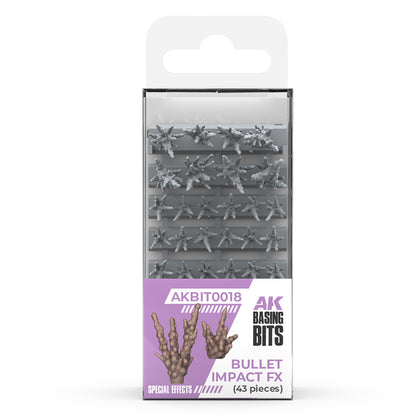 AK Basing Bits Bullet Impact FX set in packaging, showing 43 pieces of grey resin splash effects
