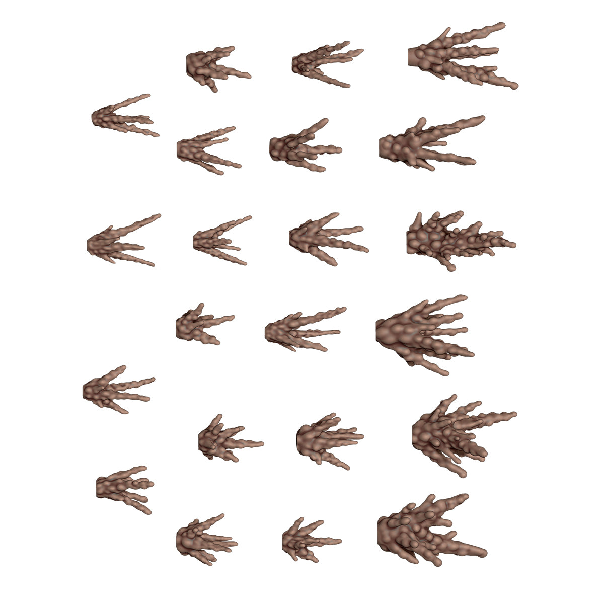 Multiple 3D-rendered brown monster claws arranged in rows, gradually increasing in size and bumpy texture