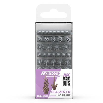 AK Basing Bits Plasma FX set, 54 grey plastic bits for model bases, including spiked and swirling energy effects in retail package