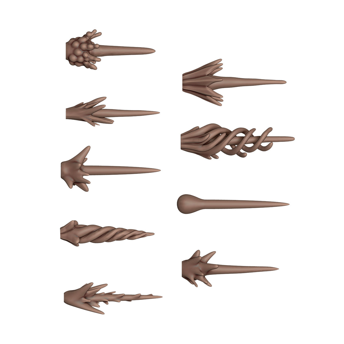 Brown 3D sculpts showing 10 different fantasy weapon tips, including spiked, coiled, bulbous, and smooth designs