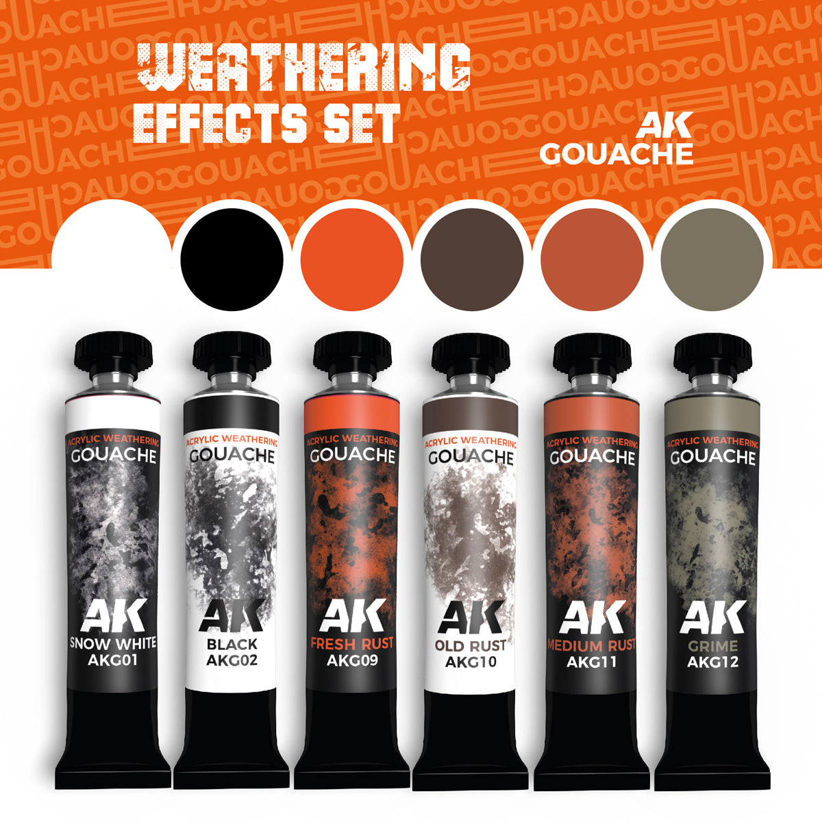 AK Weathering Effects Set: Six gouache paint tubes in white, black, rust, and grime colors, with swatches