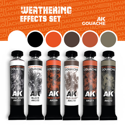 AK Weathering Effects Set: Six gouache paint tubes in white, black, rust, and grime colors, with swatches