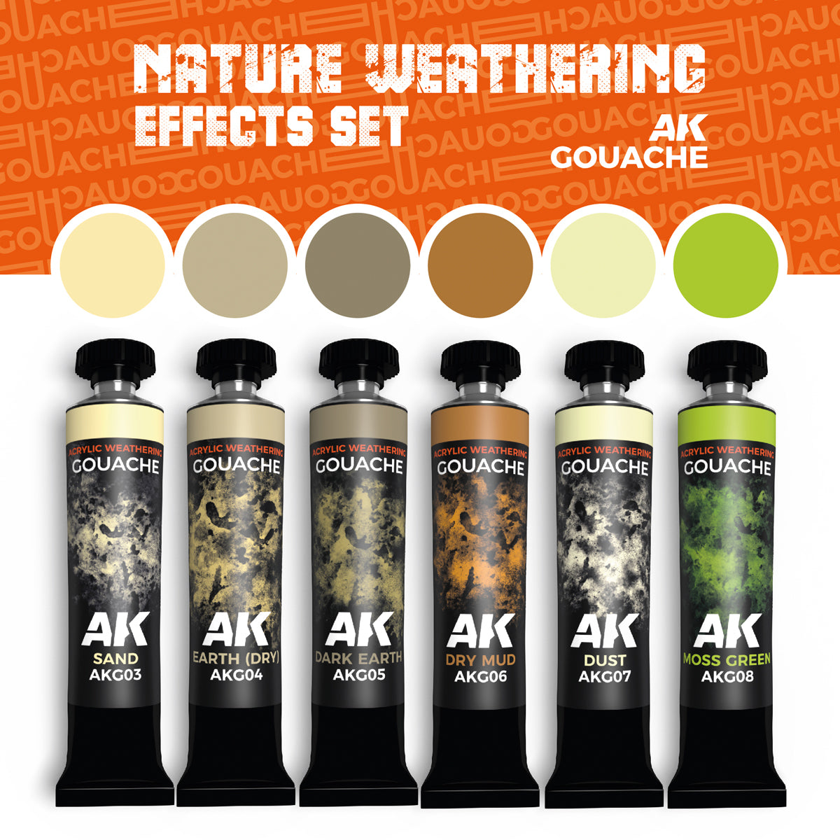 Six AK Interactive Gouache Nature Weathering Effects Paints tubes in earth tones with matching round color swatches above them