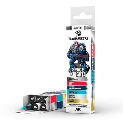 AK Playmakers Space Knights set of six acrylic paint markers in their box, illustrated with a blue armored soldier