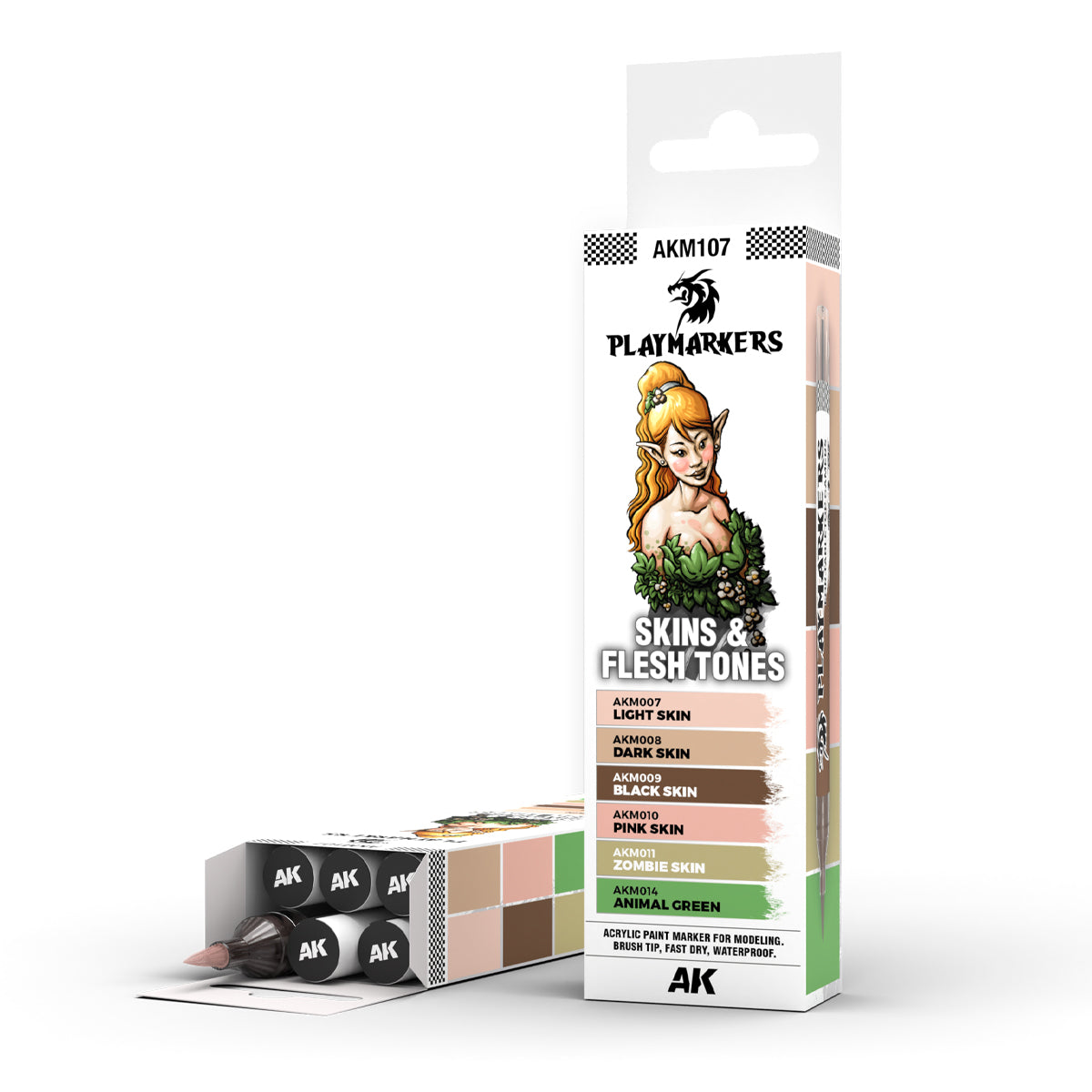 AK Playmarkers "Skins & Flesh Tones" acrylic paint marker set box displaying six skin tone color swatches