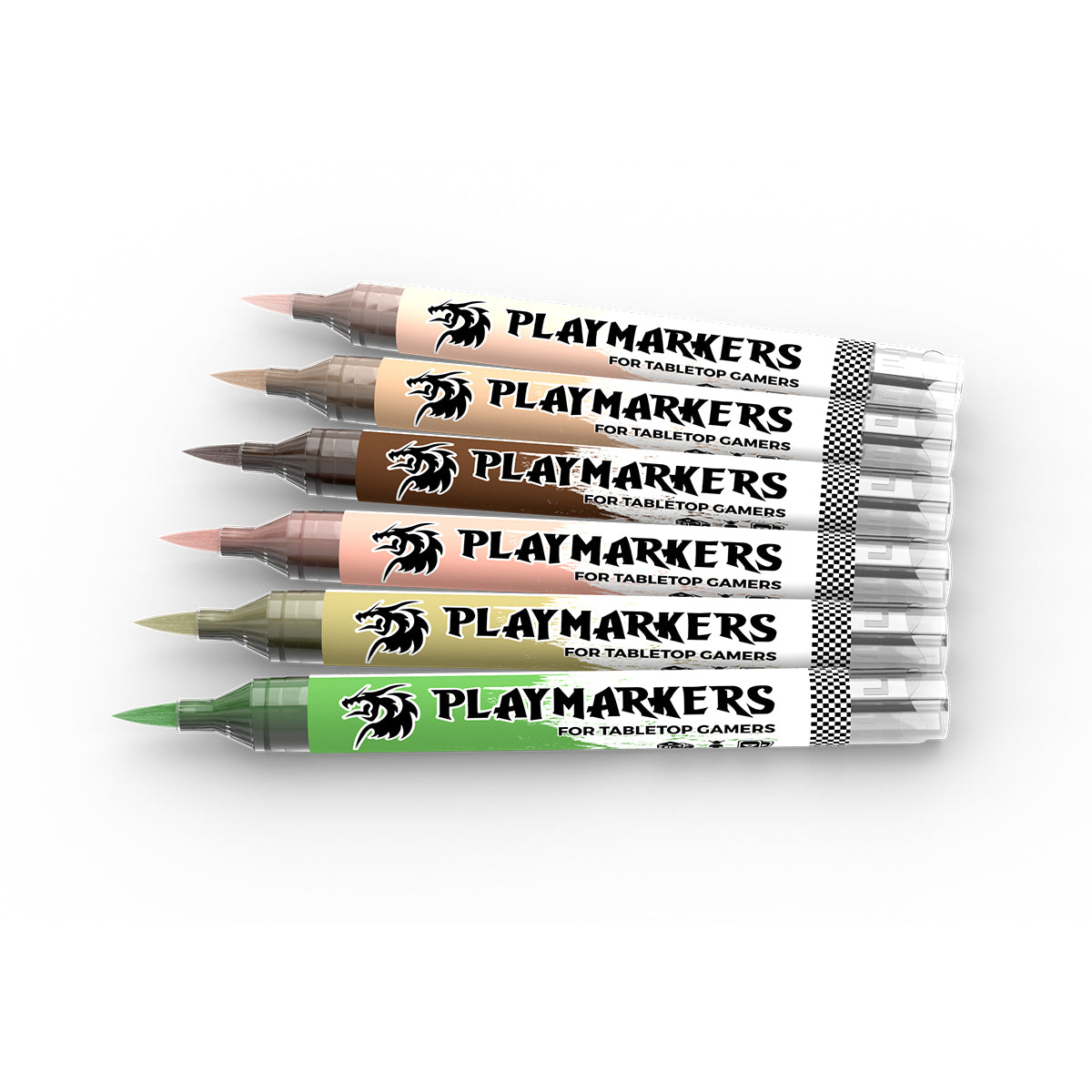 Six Playmarkers for Tabletop Gamers, showing various earthy and green tones, with tips exposed
