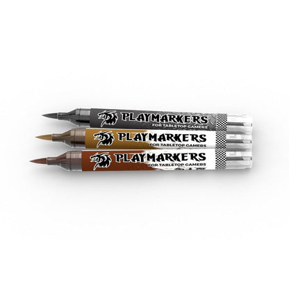 Three Playmarkers brush-tip markers for tabletop gamers in black, tan, and dark brown