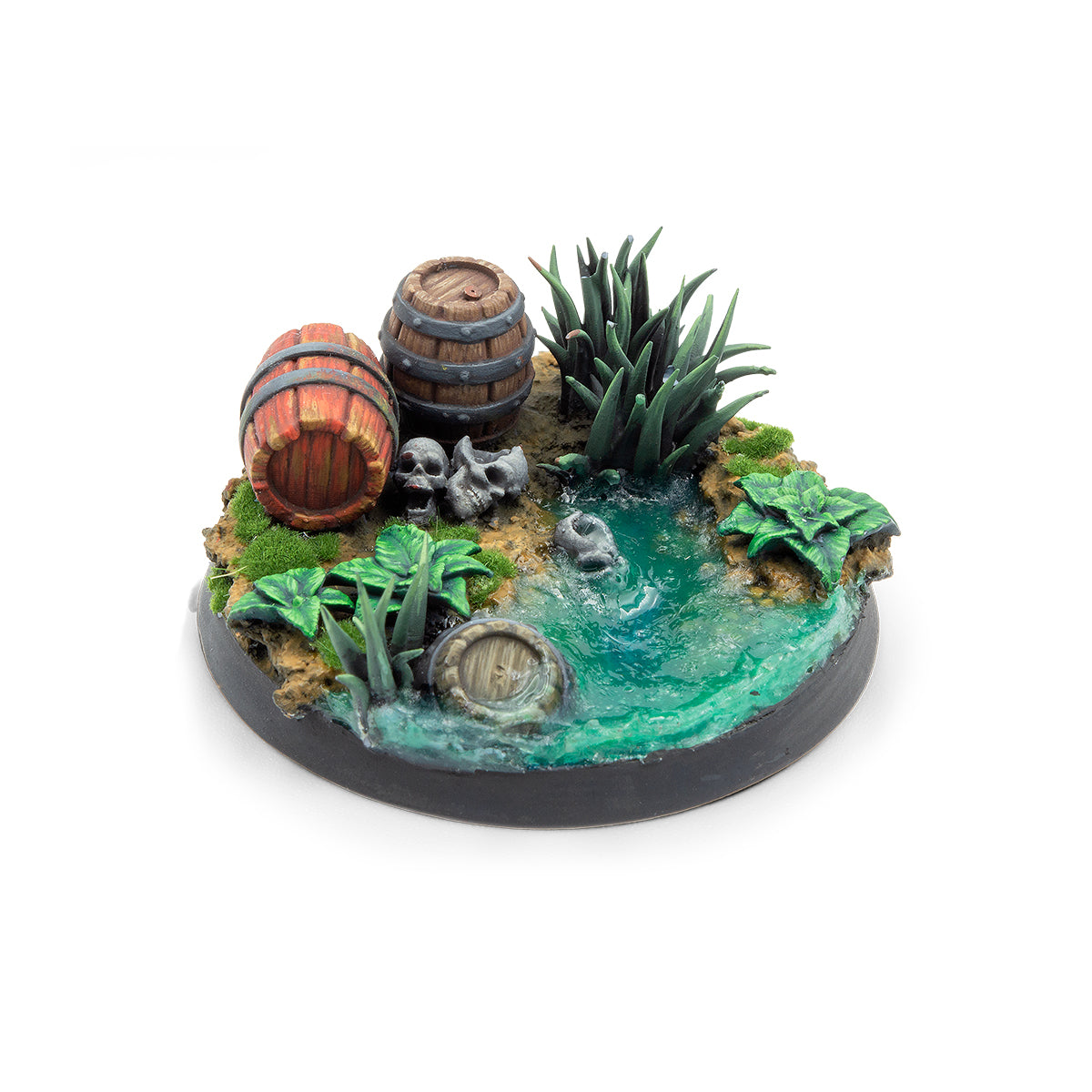 Miniature diorama base featuring barrels, skulls, tall grass, and a murky green swamp pond