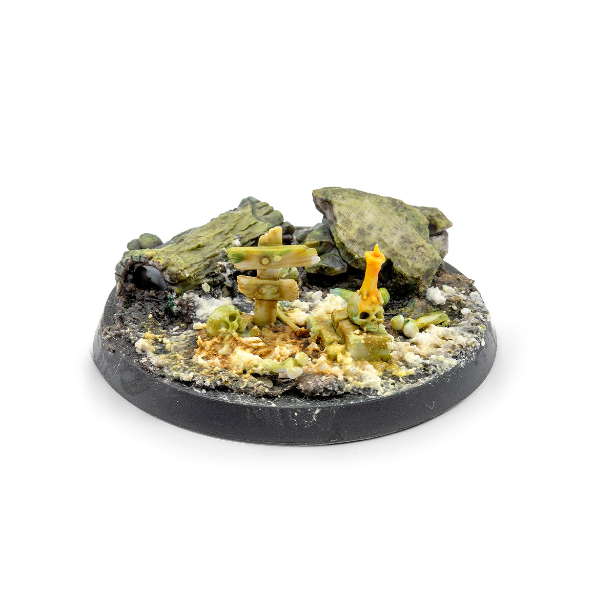 Wargaming miniature base with rotten sign, skulls, and green-brown diseased terrain