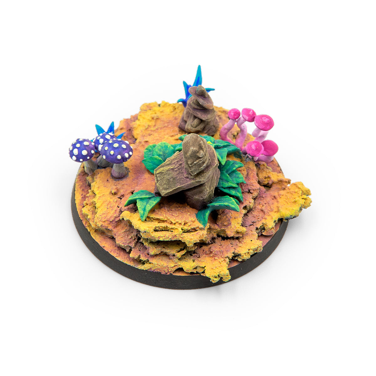 Detailed miniature base with textured yellow rock, green leaves, and colorful fantasy mushrooms