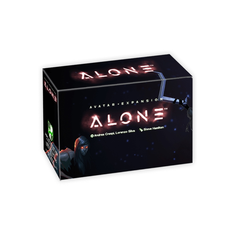 Dark "Alone: Avatar Expansion" game box with glowing red title and a female character with red eyes on a starry background