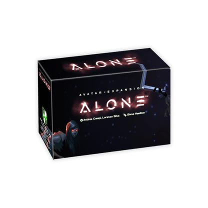 Dark "Alone: Avatar Expansion" game box with glowing red title and a female character with red eyes on a starry background