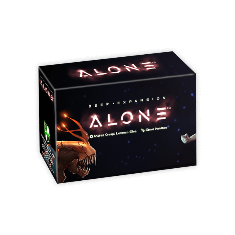 Game box for ALONE: Deep Expansion Features a terrifying alien creature and a human fist in space