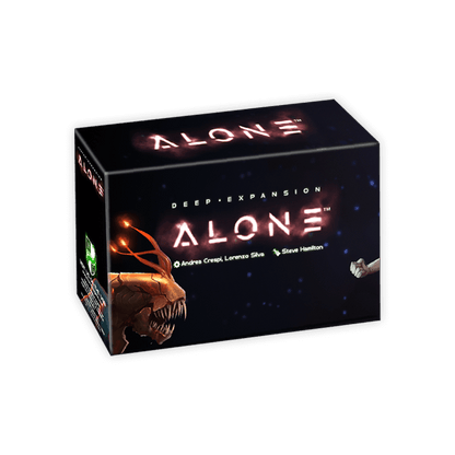 Game box for ALONE: Deep Expansion Features a terrifying alien creature and a human fist in space