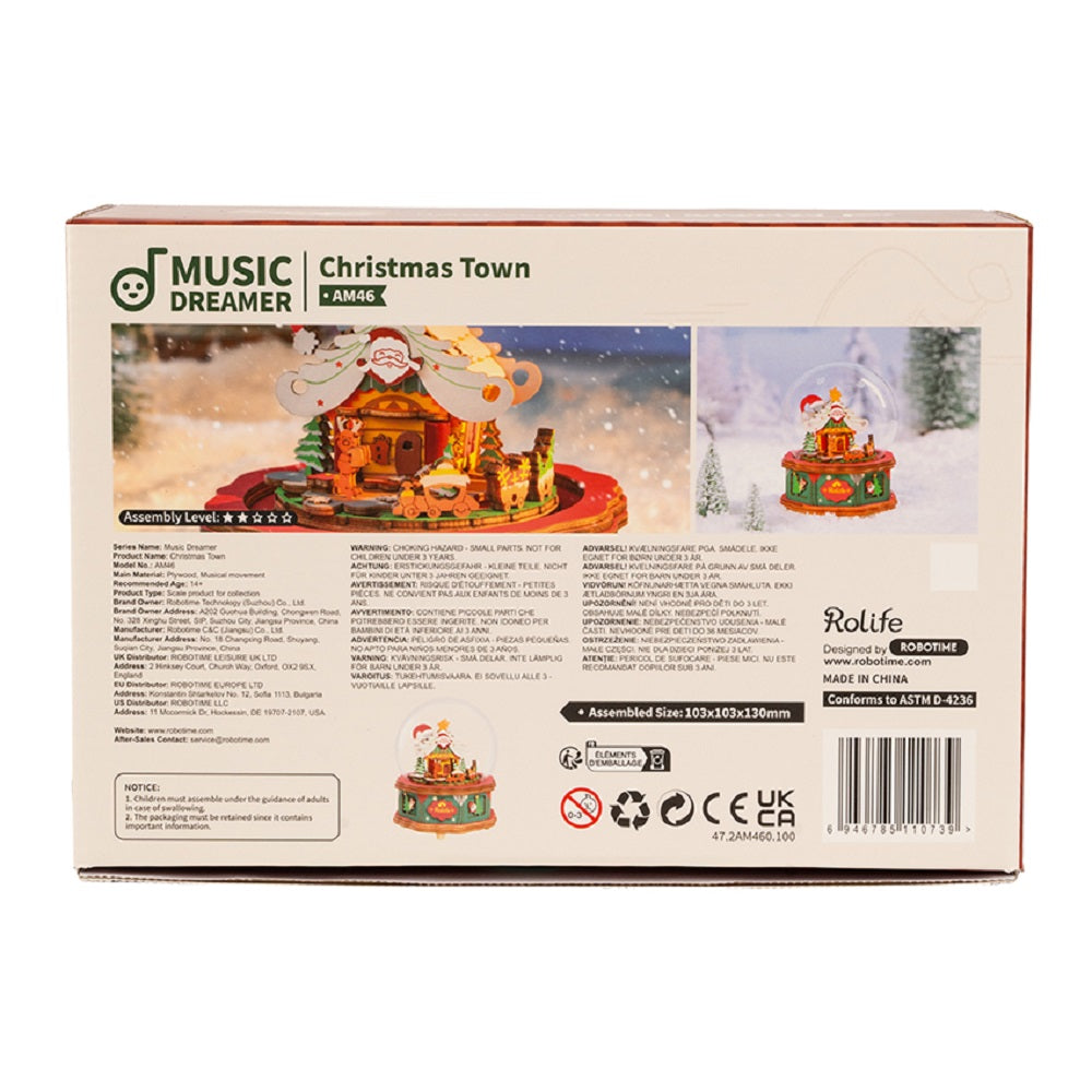 Back of the "Music Dreamer Christmas Town" DIY model kit box, featuring the miniature wooden Christmas scene and details