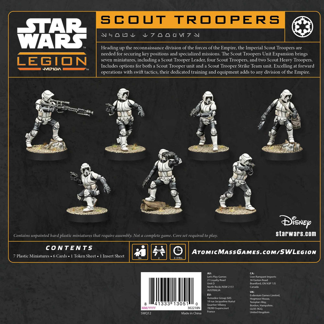 Back of cover seven unpainted Star Wars Legion Scout Trooper miniatures are displayed in various combat poses, ready for assembly