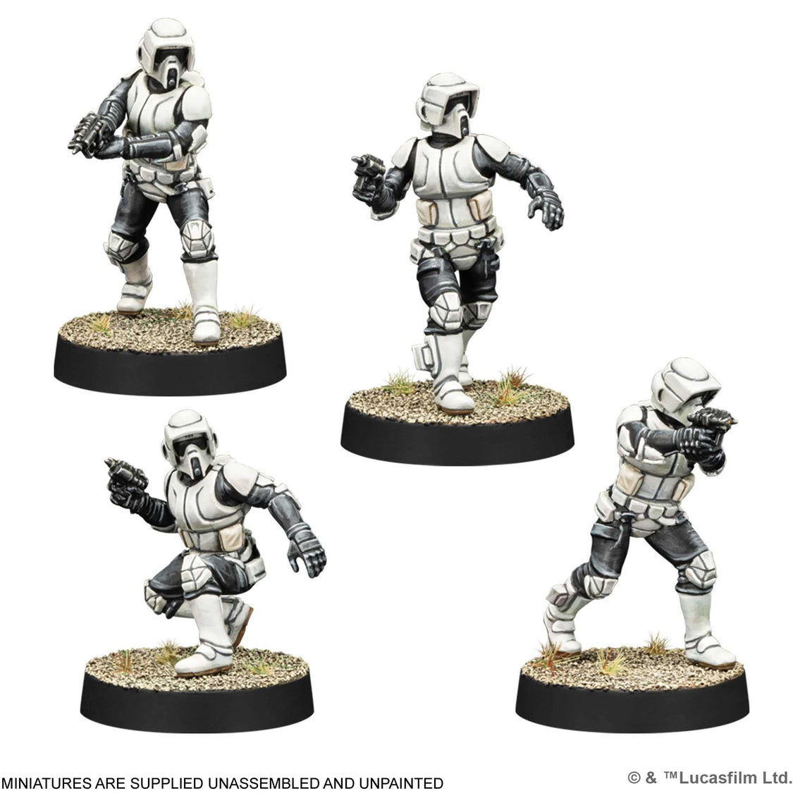 Four Star Wars Scout Trooper miniatures in white and black armor, posing with blasters