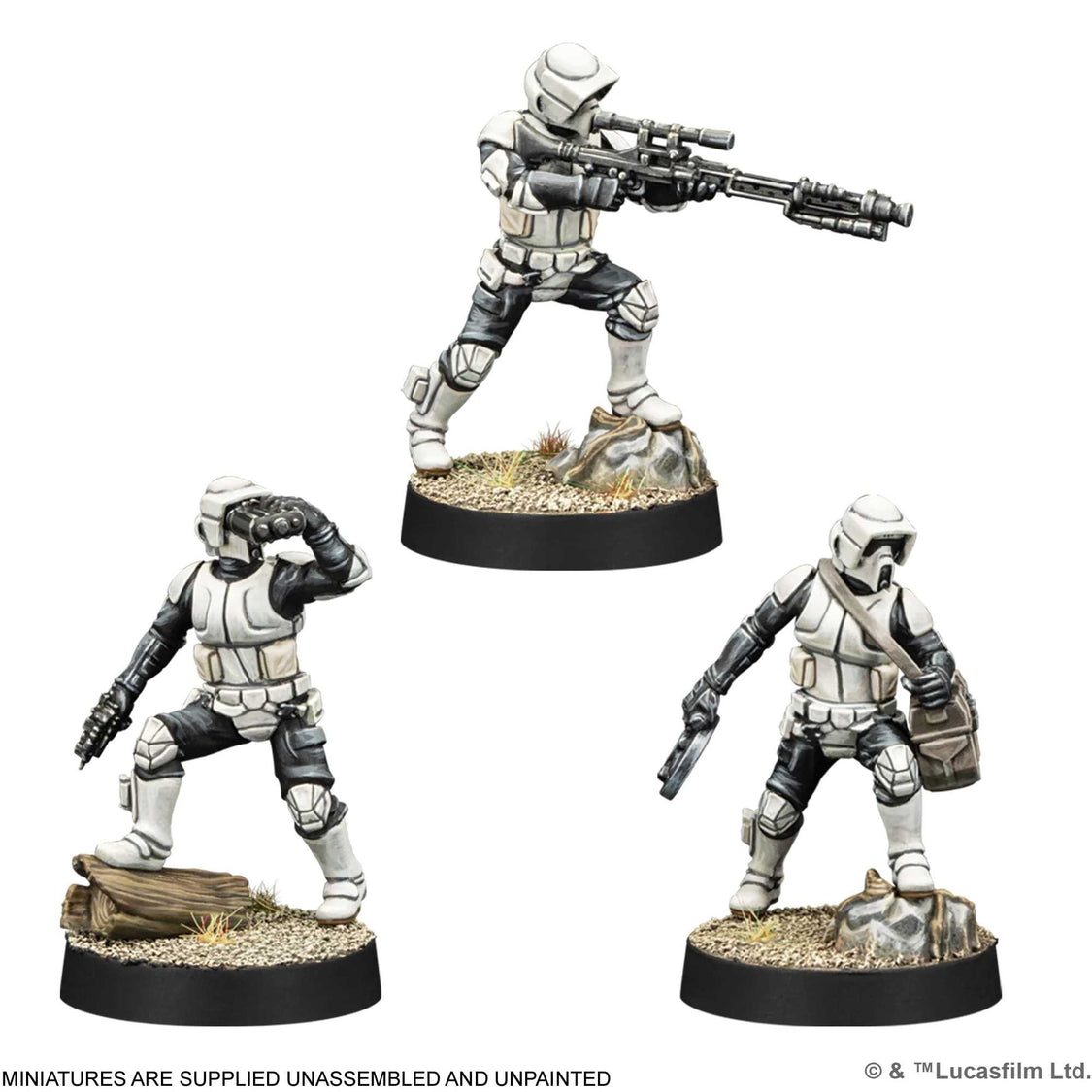 Three Star Wars Scout Trooper miniatures with white and black armor, posed aiming a rifle, using binoculars, and holding a pistol
