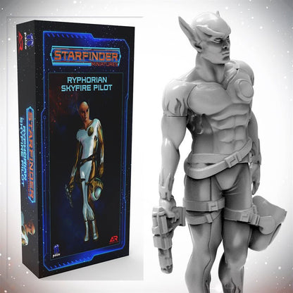Starfinder Miniatures Ryphorian Skyfire Pilot box next to an unpainted gray male alien miniature holding a pistol and helmet
