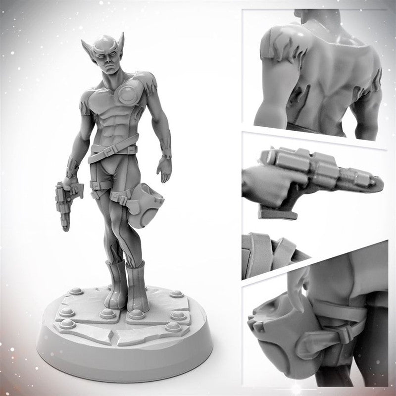 Monochromatic 3D model of an armored sci-fi elf character with pointed ears, holding a blaster