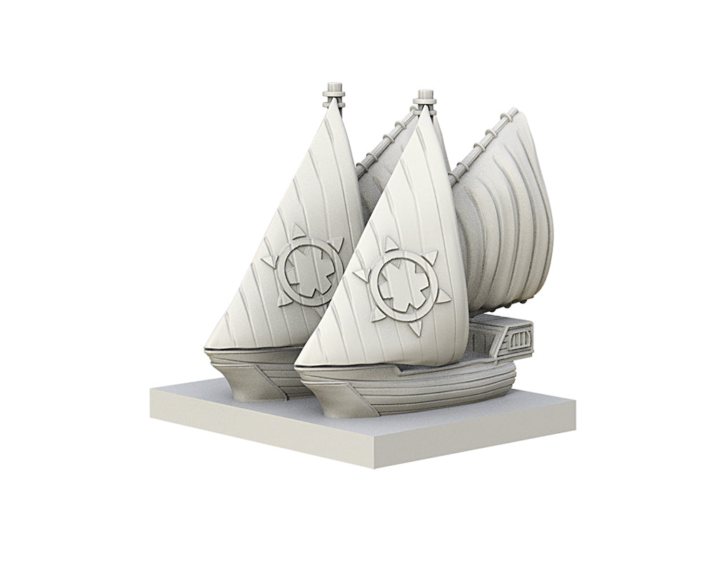Side view of assembled and painted Basilean ships from Armada fleet