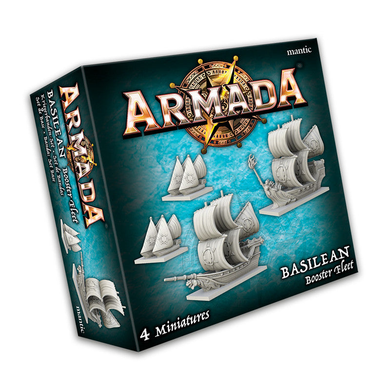 Box art of Armada Basilean Booster Fleet showing majestic fantasy ships