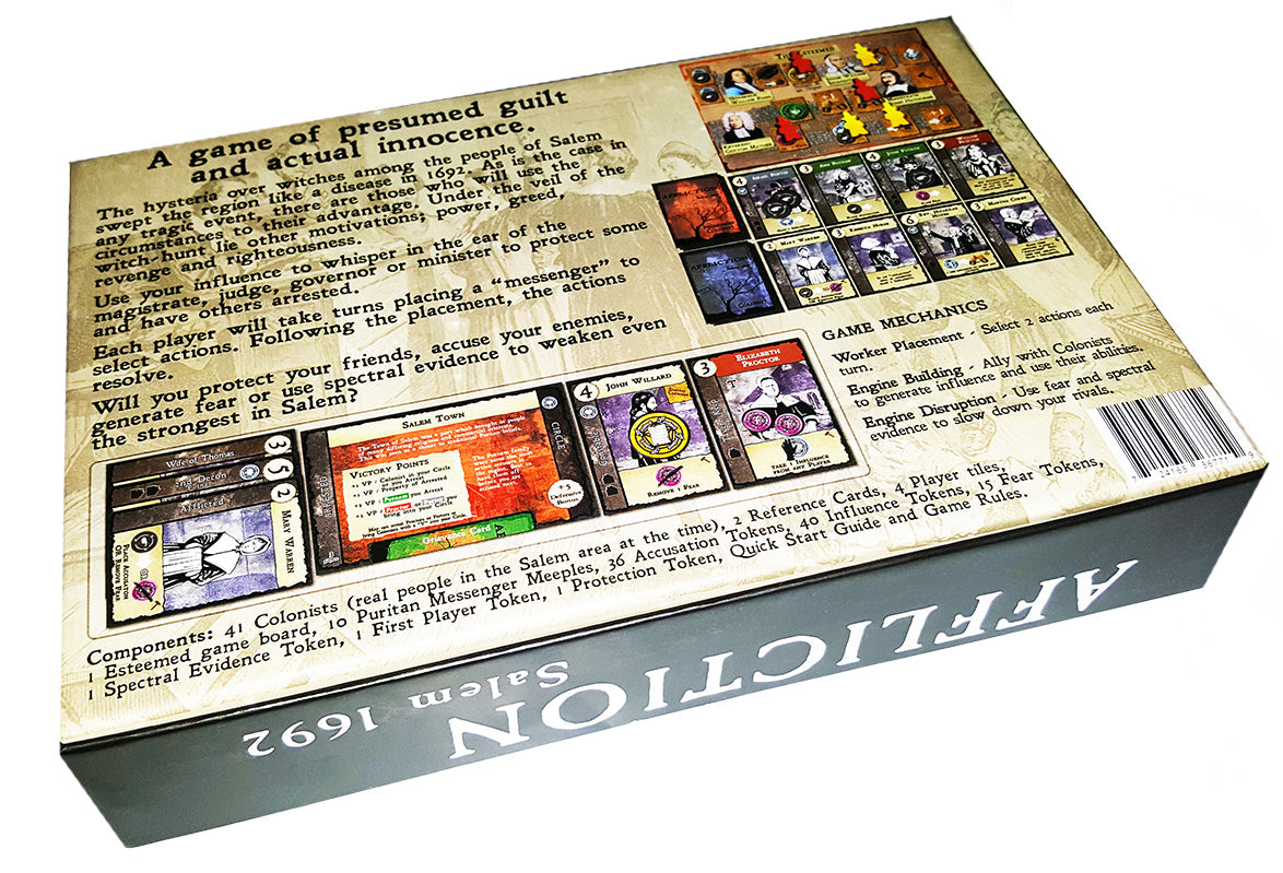 Back of the "Affliction 1692 Salem" board game box, detailing the witch hunt game, components, and mechanics