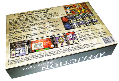 Back of the "Affliction 1692 Salem" board game box, detailing the witch hunt game, components, and mechanics