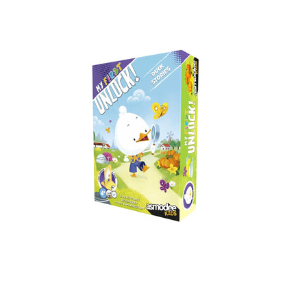 MY FIRST UNLOCK! DUCK STORIES game box: A cartoon duck holds a magnifying glass, looking at a butterfly