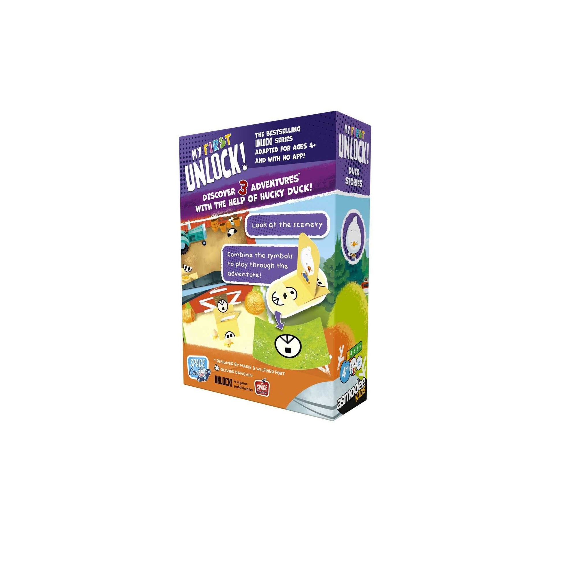 My First UNLOCK! Duck Stories game box shows a cartoon duck, symbols, and instructions for its 3 adventures