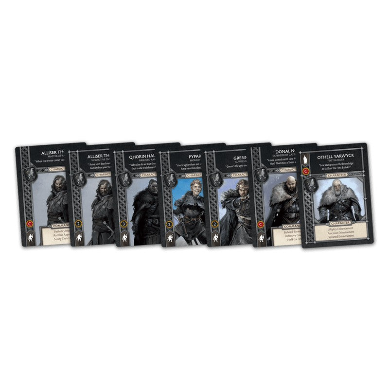 Seven Game of Thrones card game character cards, featuring Night&#39;s Watch members, displayed in a row