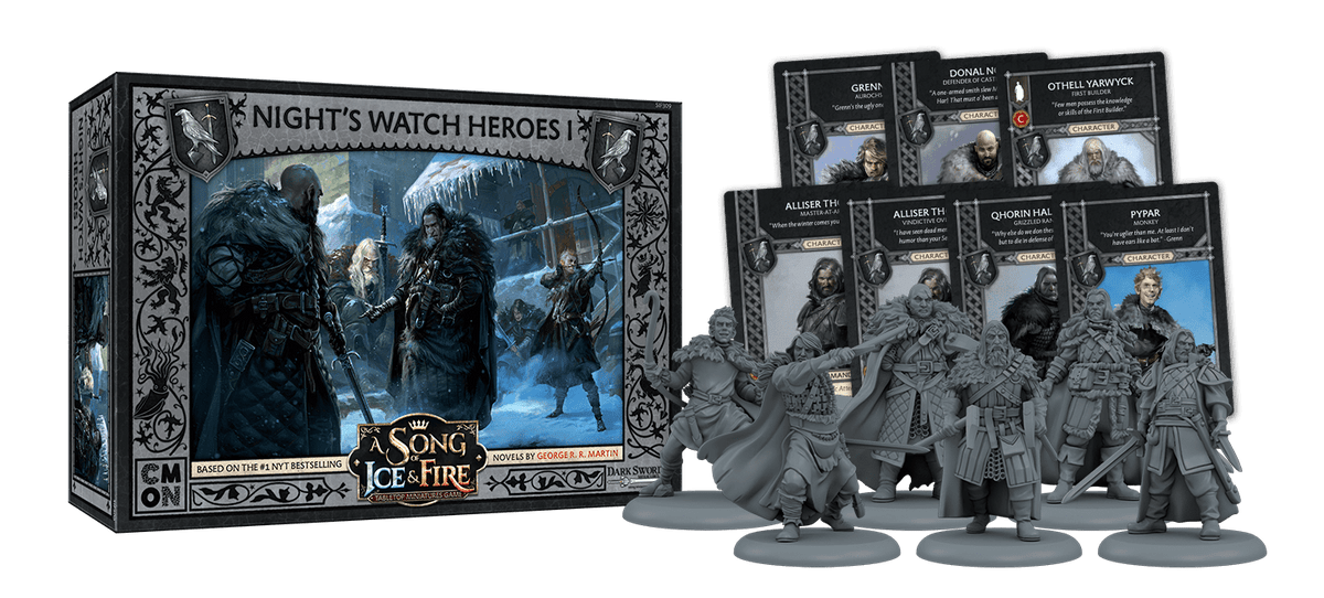 A Song of Ice &amp; Fire: Night&#39;s Watch Heroes I game box, with grey character miniatures and cards