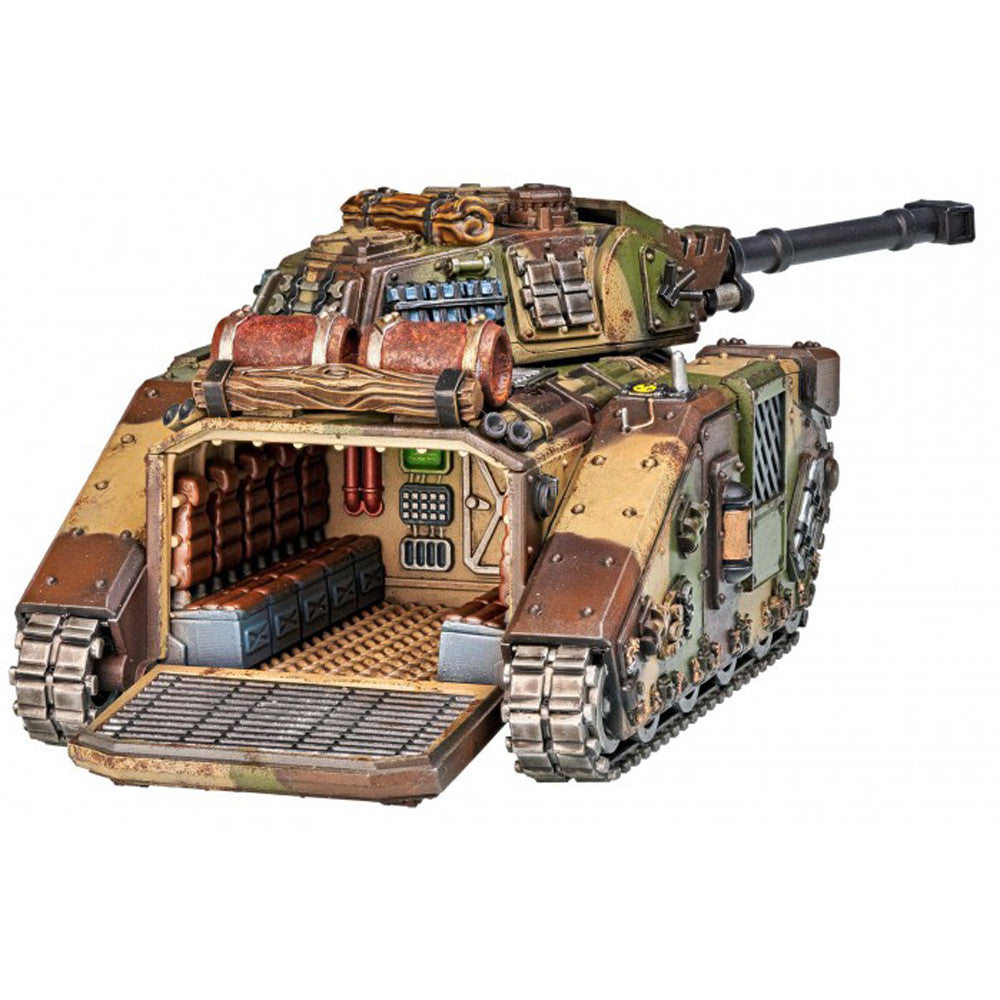 A camouflage tank model with a long cannon and open front ramp, revealing stacked ammo crates inside