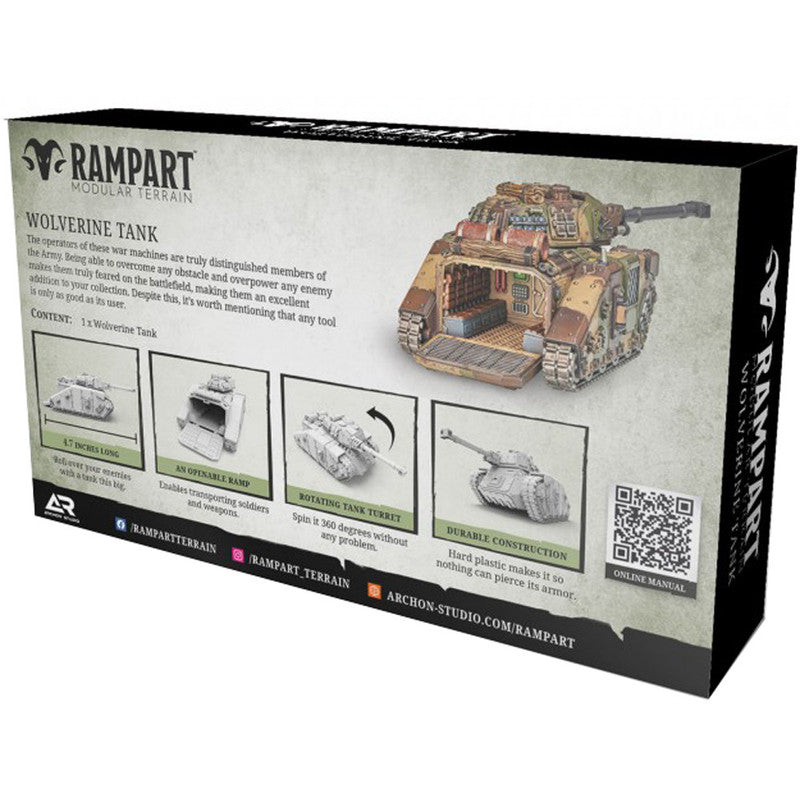 Rampart Wolverine Tank model kit box, featuring a camouflaged tank with an open rear ramp and key features