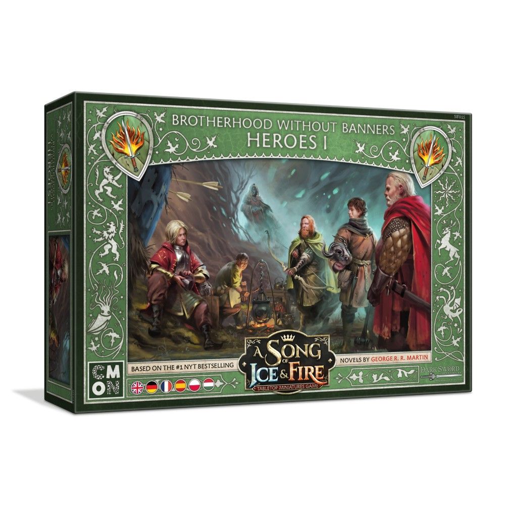 A Song of Ice and Fire: Brotherhood Without Banners Heroes I game box - Fantasy heroes camp in a dark forest, arrows flying