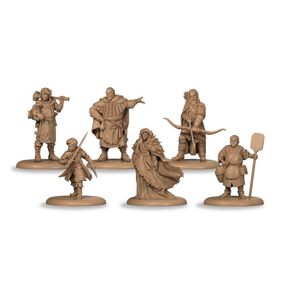 Six unpainted tan fantasy tabletop miniatures: warrior, archer, mage, swordsman, commoner, and leader