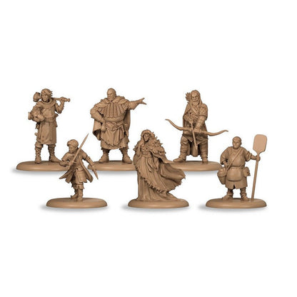 Six unpainted tan fantasy tabletop miniatures: warrior, archer, mage, swordsman, commoner, and leader