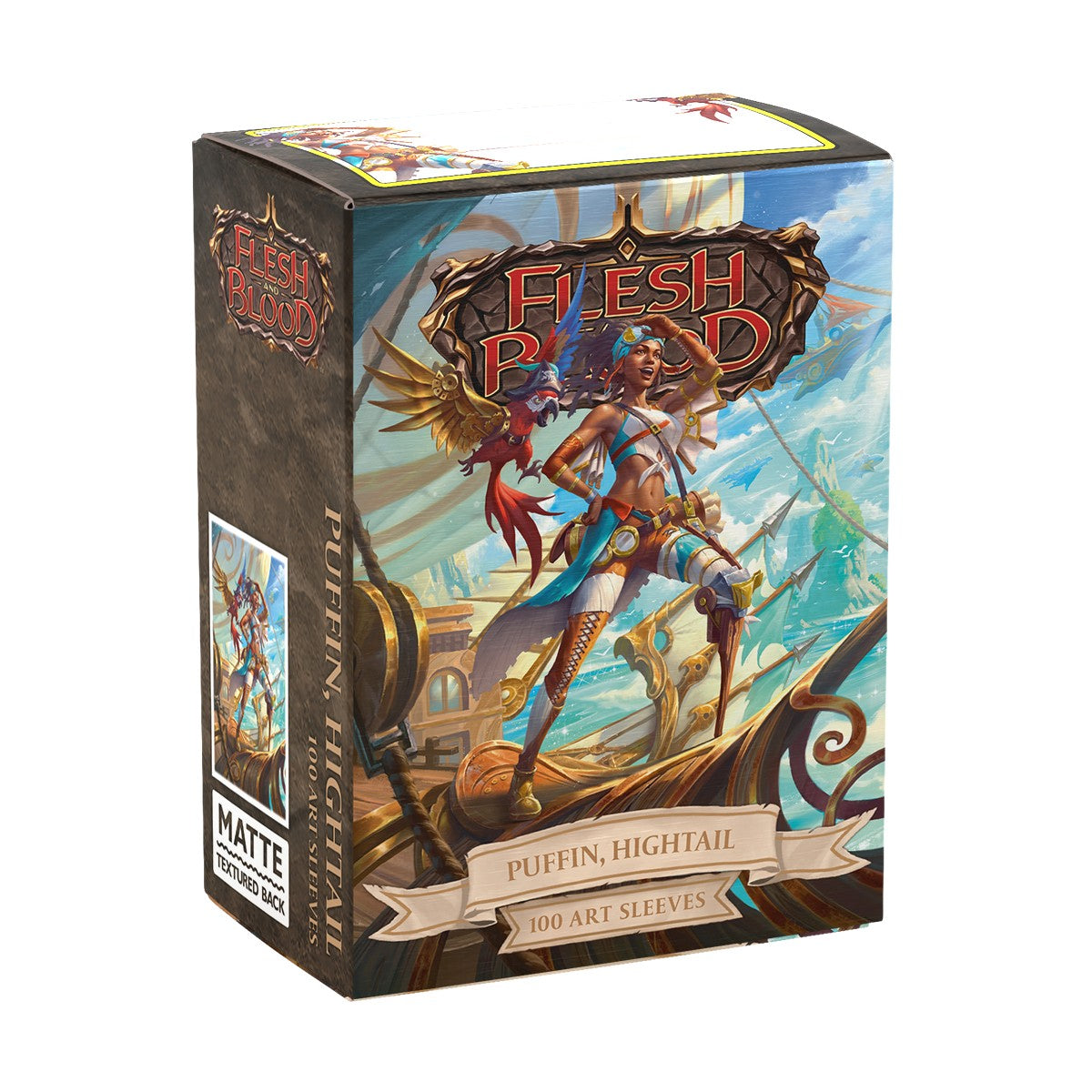 A box of 'Flesh and Blood' art card sleeves featuring Puffin, Hightail, a female adventurer with a bird on an airship