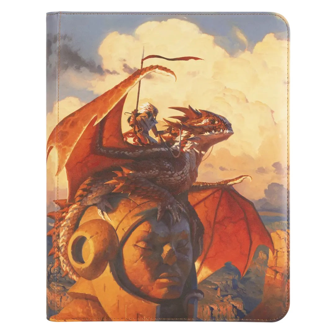 Painting of a rider on a red dragon perched on a giant, broken stone statue head under a cloudy sky